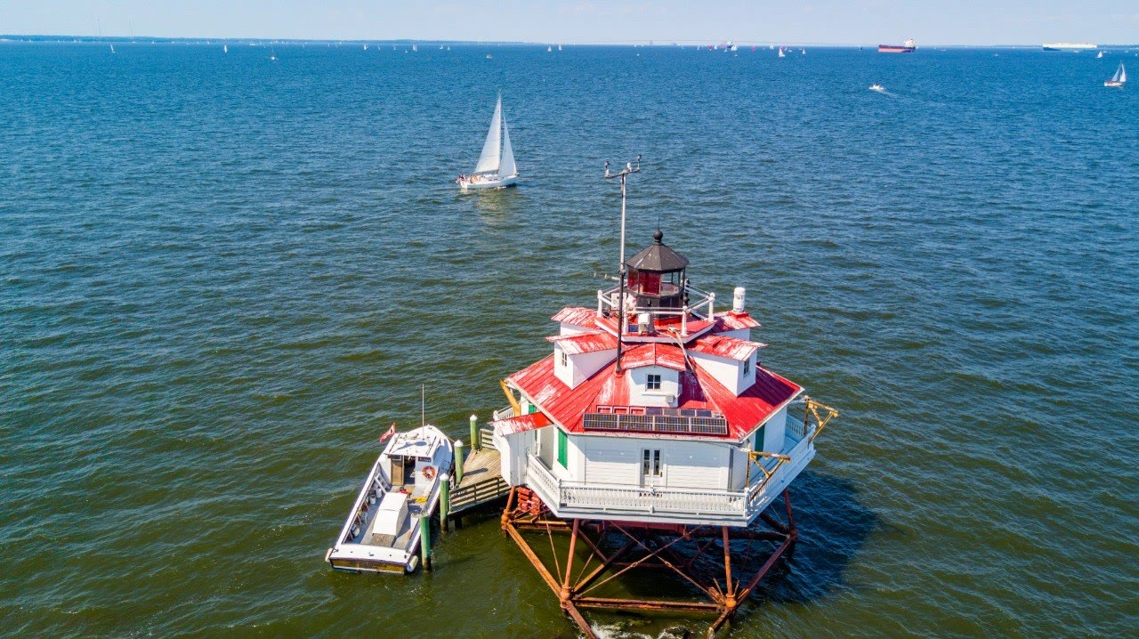 Aerial view of Thomas Point Shoal Lighthouse on the Chesapeake Bay near Annapolis